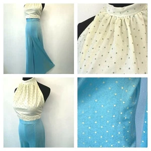 Set Pantaloni Palazzo Top Gamba Larga Taglia S M Settanta Blu A Polka Punti Vintage P1 - Foto 1 di 11