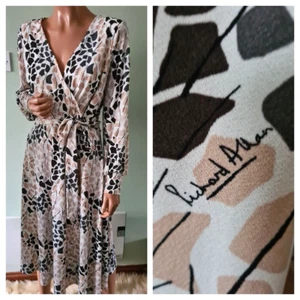 H&M Richard Allen M fixed wrap dress belted beige abstract - Picture 1 of 7