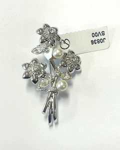 NEW ST. JOHN Silver Tone Brooch Swarovski Crystals Flower Stem Pearl Pin RARE - Picture 1 of 12
