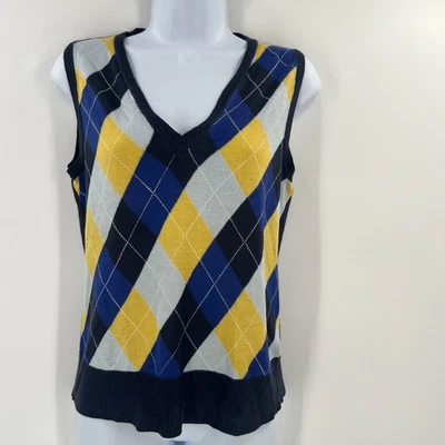 NY&CO Argyle Suéter Chaleco XS Amarillo Azul Marino Gris Cuello en V Sin Mangas Preppy Academia Foto 1 de 4