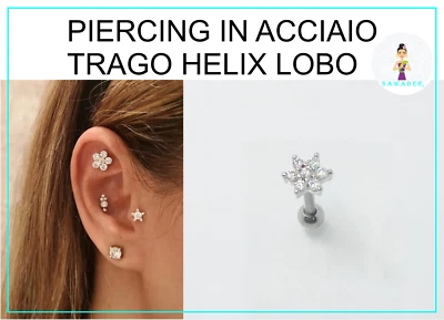 Piercing in acciaio chirurgico orecchino fiorellino brillantino per tragus helix - Immagine 1 di 4