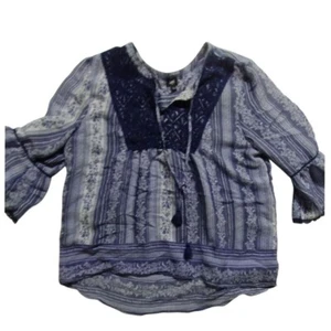 Camicetta Lee contadina blu stampa floreale orlo pizzo boho top taglia media - Foto 1 di 8