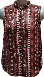 H&M Women’s Sheer Brown & Orange Button Down Sleeveless Blouse - Sz 10 - Picture 1 of 6
