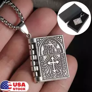 Vintage Silver Cross Bible Book Pendant Necklace Unique Jewelry For Men Women - Picture 1 of 14