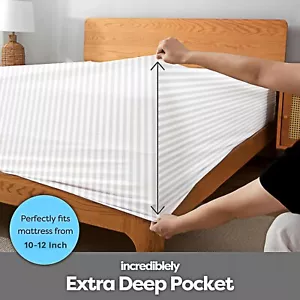 Sábana Ajustable 100% Algodón Egipcio Rayas Blancas Antialérgicas Doble Cama King Size - Imagen 1 de 30