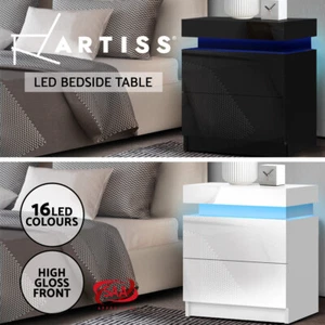 Artiss Bedside Table Side Table 2 Drawers RGB LED High Gloss Nightstand Cabinet - Picture 1 of 12