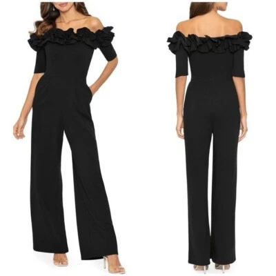 NWT Xscape Ruched Ruffle Scuba Crepe Jumpsuit Black Off The Shoulder Sz 2 - Image 1 of 4