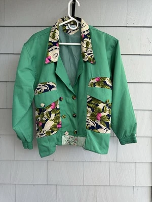 Handmade Upcycled Vintage Jacket XL Green Floral Print Retro Windbreaker - Image 1 of 4