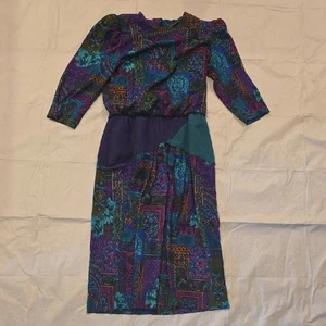 Lisa II Women's Vintage 80's 90's Dress 3/4 Sleeve Dress Purple Teal 14 - Picture 1 of 11