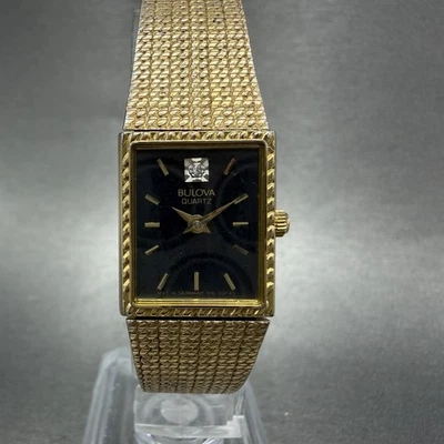 Bulova Tank Watch Women 16mm Black Dial Gold Tone Rectangle P8 New Battery - Image 1 of 4