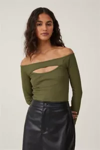 Cotton:On Women's Romy Cut Out Long Sleeve Top Dark Moss Size M NEW WITH TAGS - Picture 1 of 5