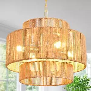 Boho Chandelier Light Fixture, Rattan Pendant Light 4-Lights Farmhouse Wicker... - Picture 1 of 7