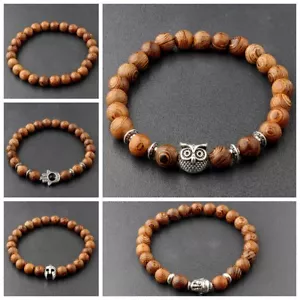 3 Pcs Men's Woman 8MM Owl Buddha Wooden Beaded Bracelets Jewelry Stretch Bangle - Picture 1 of 67