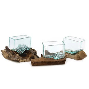 Molten Glass Tank on Wood with Stand Small Bowl Adorable Home Decoration - Picture 1 of 4