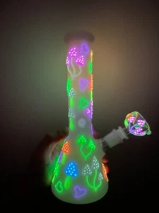 9.75” Premium Glass Water Pipe Glow in Dark Hearts and Mushrooms 14mm - Picture 1 of 2
