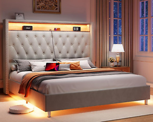 Queen LED Bed Frame: Charging, Storage Headboard, Night Light, No Box Spring,
