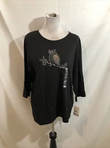 Breckenridge Black 3/4 Sleeve Top With Metallic Owl - Womens XL, NWT, Bust 22.5” - Picture 1 of 4