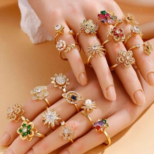 Various Zircon Rotating Ring,Trendy Women Star Moon Rhinestone Ins Spinner Ring - Picture 1 of 25
