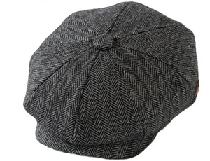 Peaky Blinders Style Baker Boy Hat News Boy 8 Panel Cap Navy & Grey Herringbone - Picture 1 of 14