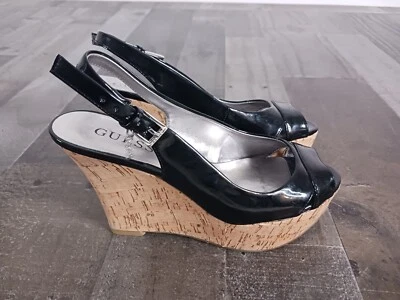  New ! Womens Guess Slingback Wedge Heels Patent Leather Cork Size 5m Exotic  - Image 1 of 4