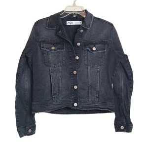 Zara Jeansjacke Damen Large Schwarz Distressed Button Down Trucker Jacket - Bild 1 von 7