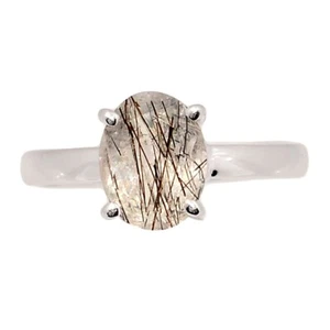 Natural Tourmalated Quartz / Black Rutile, Sri Lanka 925 Silver Ring s.8 CR73604 - Picture 1 of 1
