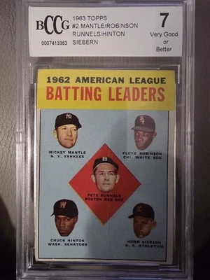 1963 TOPPS NO. 2 MICKEY MANTLE - A. L. BATTING LEADERS BCCG 7 VG or Better - Image 1 of 2