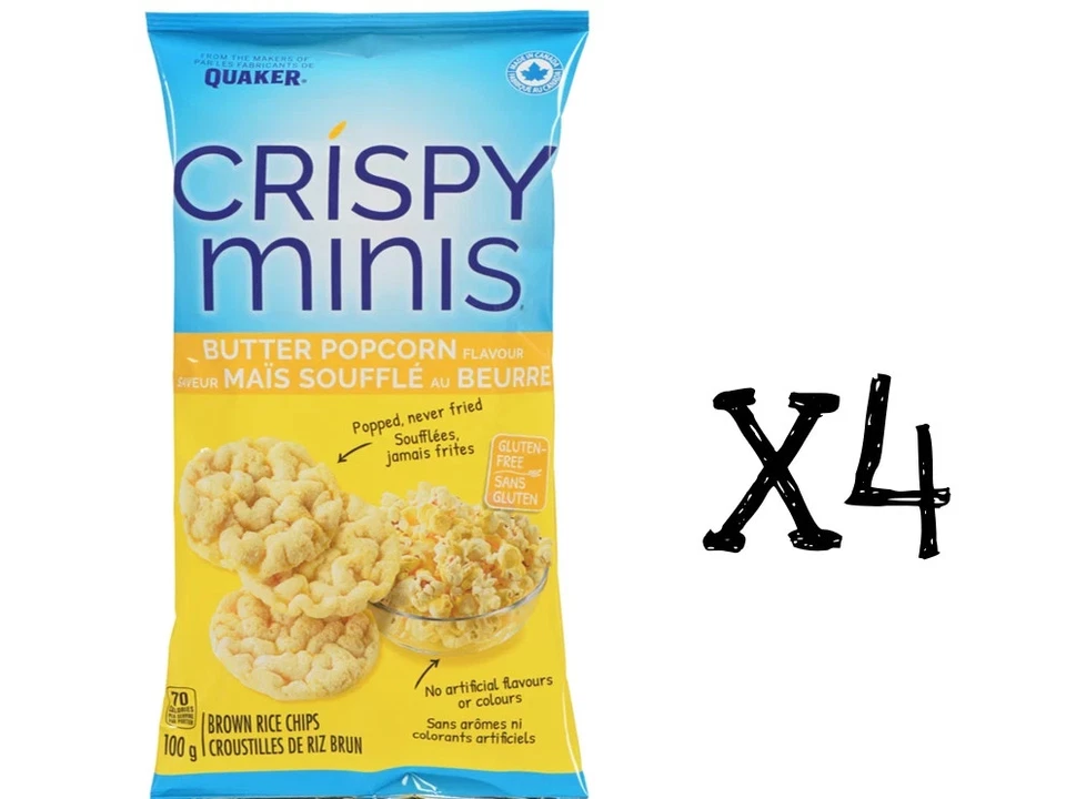 Quaker Crispy Minis Mantequilla Palomitas Arroz Chips 100 g 3,52 oz x 4 Canadá Fresco Foto 1 de 1
