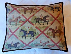 Charming bespoke Cushion Cover race horses, brown velvet back, braid 36x44- good - Picture 1 of 5