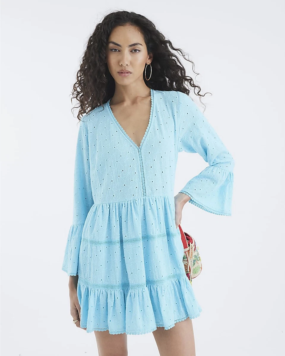 Deqiang Women's V-Neck Long Sleeve Mini Dress - A-Line Tie Waist Spring Dress (Royal Blue) - View #4