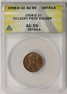 1958-D Lincoln Wheat Penny 1C AU 55 Details ANACS Ex-Lucky Piece Holder - Picture 1 of 4