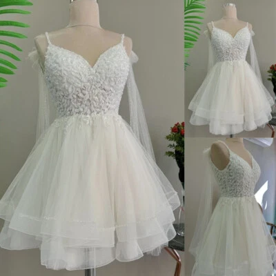 Mini Wedding Dresses Beading Spaghetti Straps Lace Beach Short Bridal Gowns - Image 1 of 4
