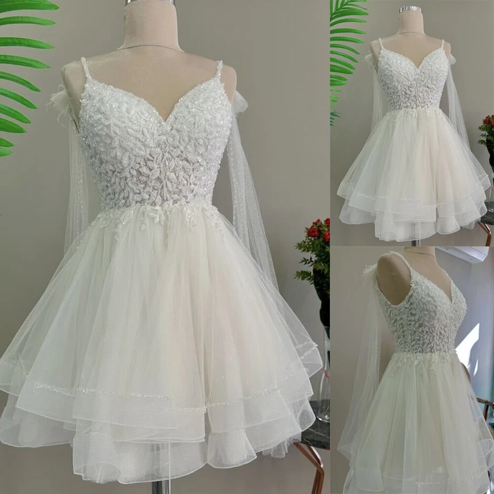 Mini Wedding Dresses Beading Spaghetti Straps Lace Beach Short Bridal Gowns - Image 1 of 4