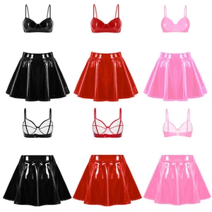 Womens Clubwear 2-Piece Bra Top With Flared Skirt No Pad Lingerie Set Open Bust - Picture 1 of 39