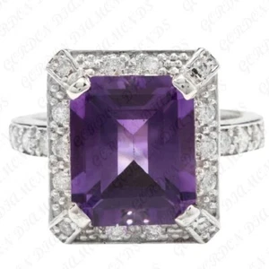 5.50ct Emerald Cut Natural Amethyst & Diamond Wedding Ring 18K White Gold Plated - Picture 1 of 16