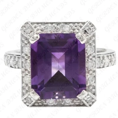 Alianza enchapada en oro blanco de 18 quilates de amatista natural y diamantes talla esmeralda de 5,50 quilates Foto 1 de 4