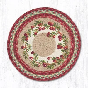 2 Braided Jute Round Stenciled Placemat/Trivet/Swatch. Earth Rugs. CRANBERRIES - Picture 1 of 1