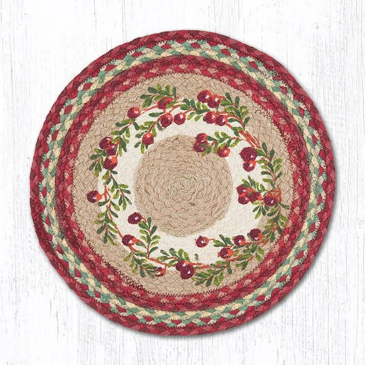 2 placemat/trivet/relógio trançado redondo estampado de juta. Tapetes de terra. CRANBERRIES - Imagem 1 de 1