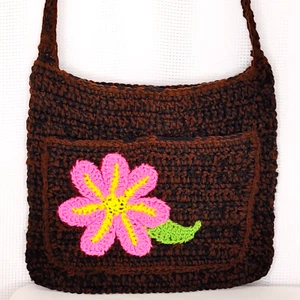 Crochet Purse Floral Shoulder Bag Brown Pocket Handmade Pink Flower Snap Closure - Picture 1 of 9