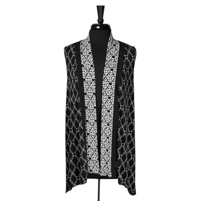 NWT Chico’s Travelers 2 L 14 Black White Geometric Mixed Print Open Front Vest - Image 1 of 4