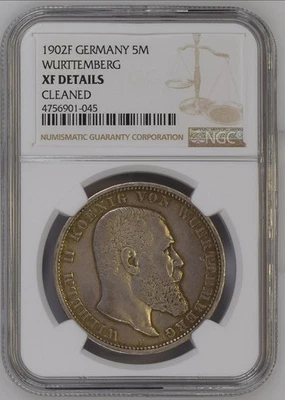 1902-F Germany Wurttemberg 5 Mark Silver Coin - NGC XF Details - Image 1 of 2