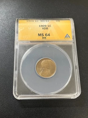 1909 VDB WHEAT CENT ANACS MS-64 RB - UNCIRCULATED - WHEAT PENNY - CERTIFIED - 1C - Image 1 of 2