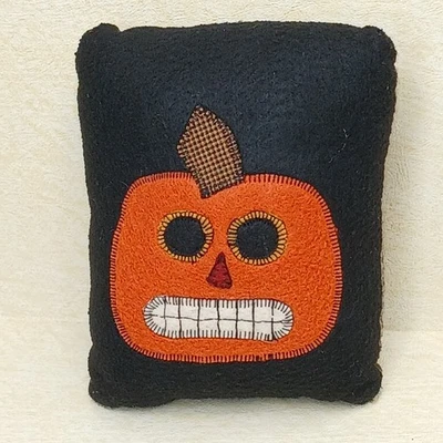 Handmade Primitive Pumpkin Pillow Sm 6 X 5 X 3 Black Jack O Lantern Teeth Fall - Image 1 of 4