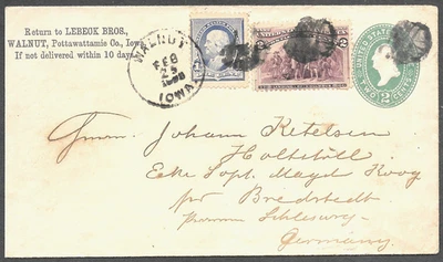 Walnut, Iowa IO Postal Stationary Cover Uprated to Germany 1893 - Image 1 of 2