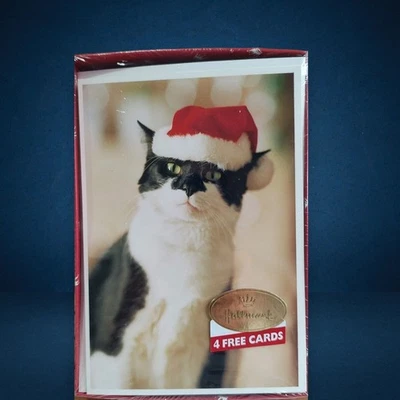 Sealed Vintage Hallmark Black White Cat Santa Claws Merry Christmas Hat 22 Cards - Image 1 of 4