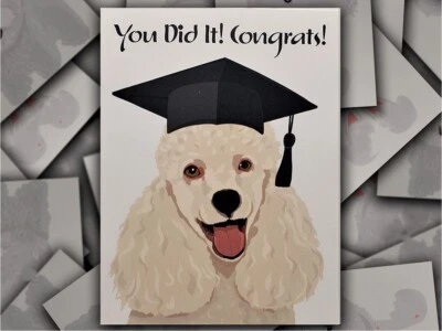 White Poodle Dog Hand-Drawn Congrats on Graduation Card with Envelope Foto 1 de 4