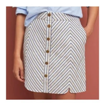 NUEVO CON ETIQUETAS Anthropologie Isla Maude Mezcla de Lino Rayas Imitación Botón Falda Bolsillo Talla L Foto 1 de 4