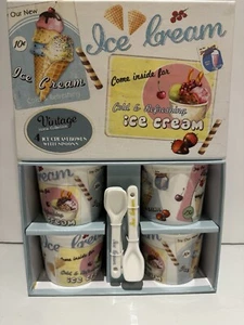 Easy Life Vintage Style Set of 4 porcelainIce Cream Bowls With Spoons NEW. - Picture 1 of 14
