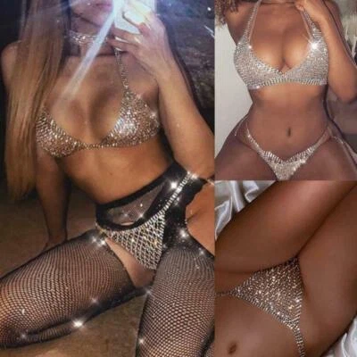 Women Bikini Chest Bra Rhinestone Body Chain Jewelry Thong Sexy Lingerie Crystal - Image 1 of 4