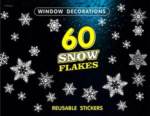 60 Snowflakes Stickers Decals Christmas Windows Decorations Reusable Cling Xmas - Picture 1 of 3